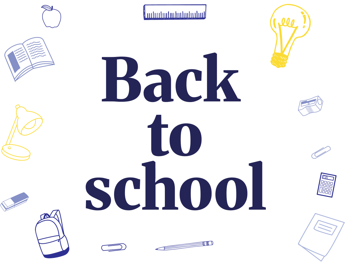 Illustration avec le test Back to school
ecrit au milieu entouré d'une pomme, un cahier, un cartable et d'autres objets qui rappel l'école